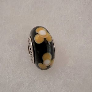 Retired Murano Glass Pandora Charm Black with Yellow Flowers
